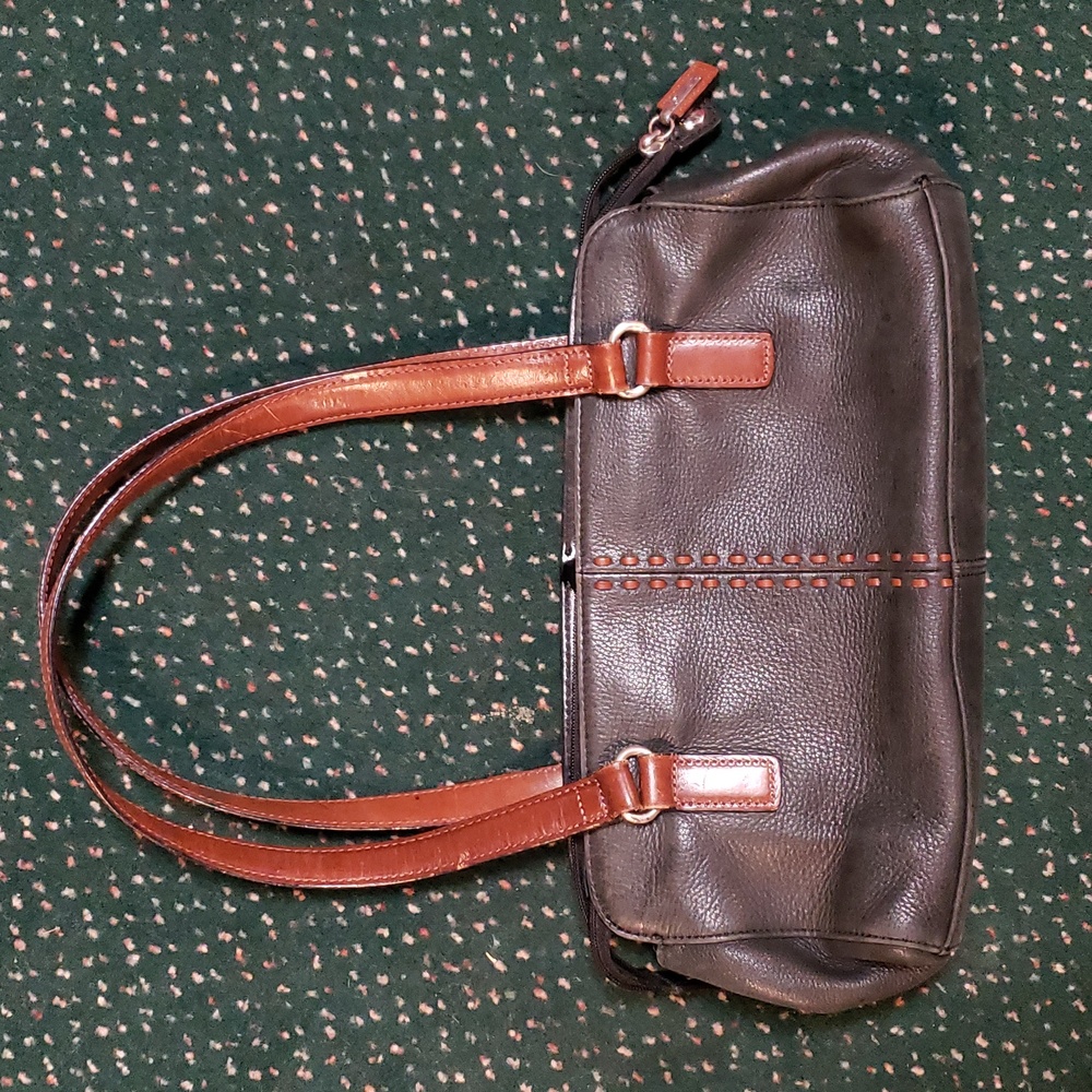 Vintage Fossil Black Leather Organizer Handbag With Brown Contrasting Handles